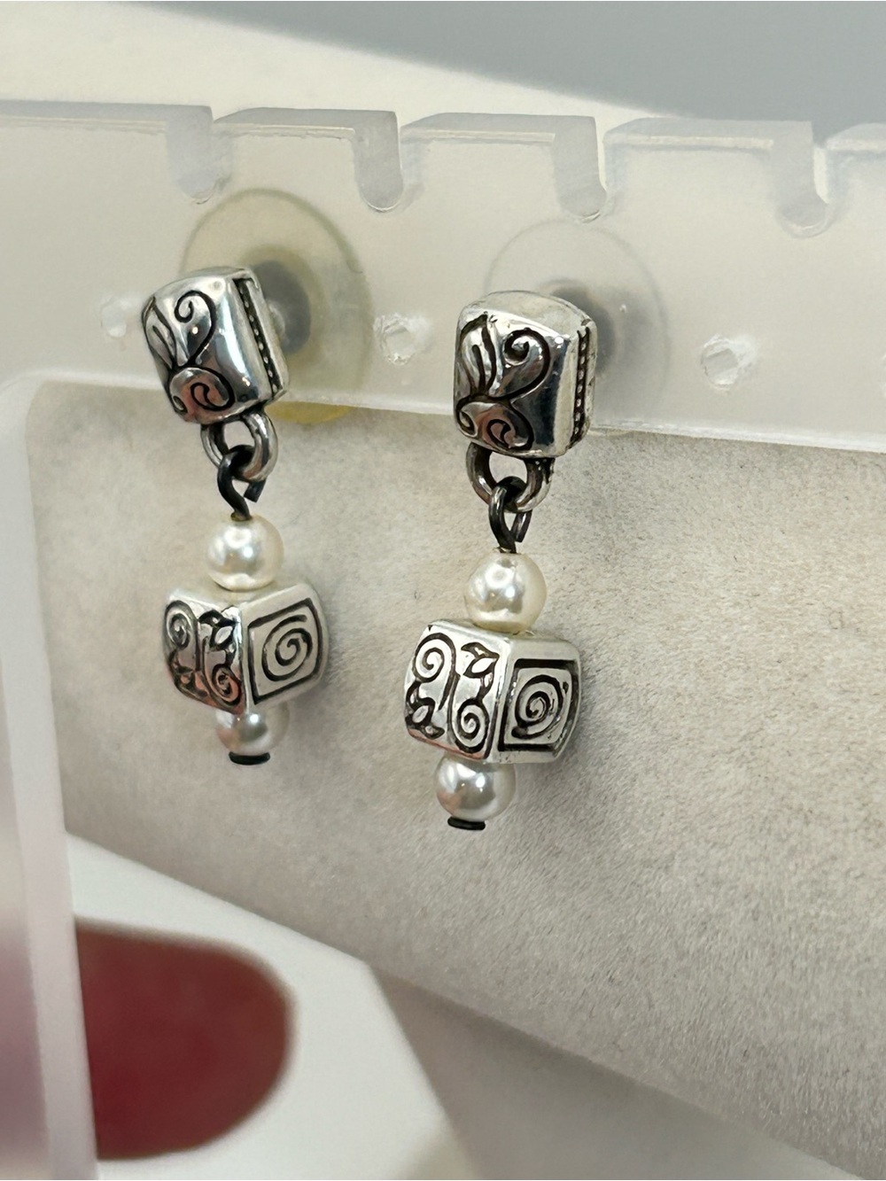 Brighton Faux Pearl Cube Post Earrings Silver Plated Dangle Drop 1" No Backs